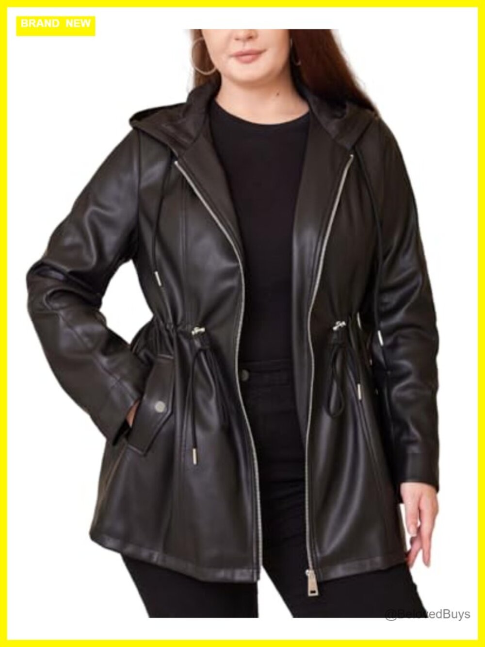 Plus Size Faux Leather Hooded Moto Biker Jacket Women
